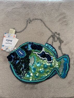 Made in India Blue Green Teal Turquoise Fish Sardine Sequin Beaded Crossbody Bag